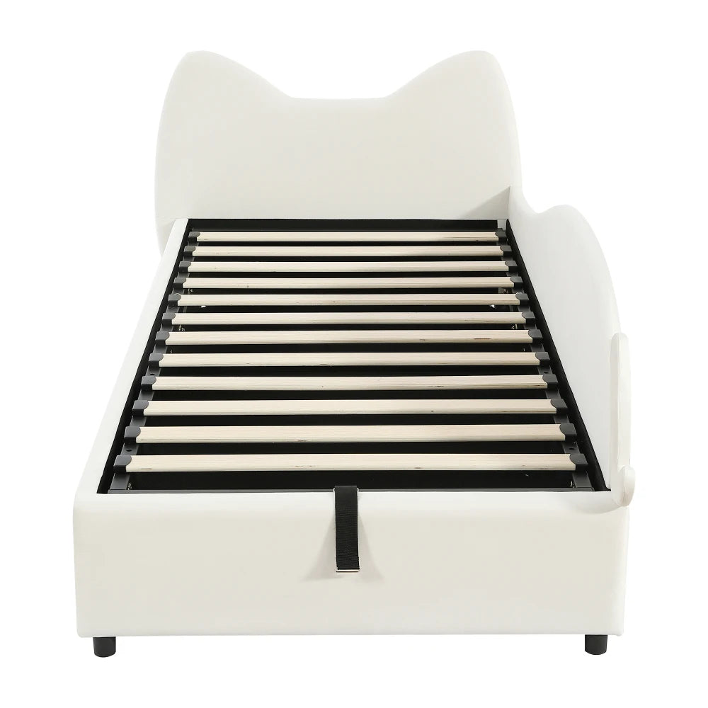 Polsterbett, Einzelbett, süßes Katzendesign, hydraulisches Bett mit Stauraum und Gürtelgriffen, stabiler Gitterrost, 90 x 200 cm