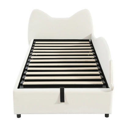 Polsterbett, Einzelbett, süßes Katzendesign, hydraulisches Bett mit Stauraum und Gürtelgriffen, stabiler Gitterrost, 90 x 200 cm
