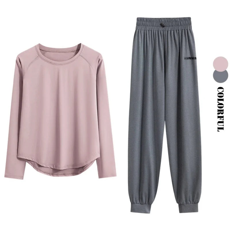 DRUR 2pcs Running Set Women Tracksuit Lightweight Loose Long Sleeve Sport Shirt Pants Sets 2 Piece Sportswear Outfit Gym Clothes