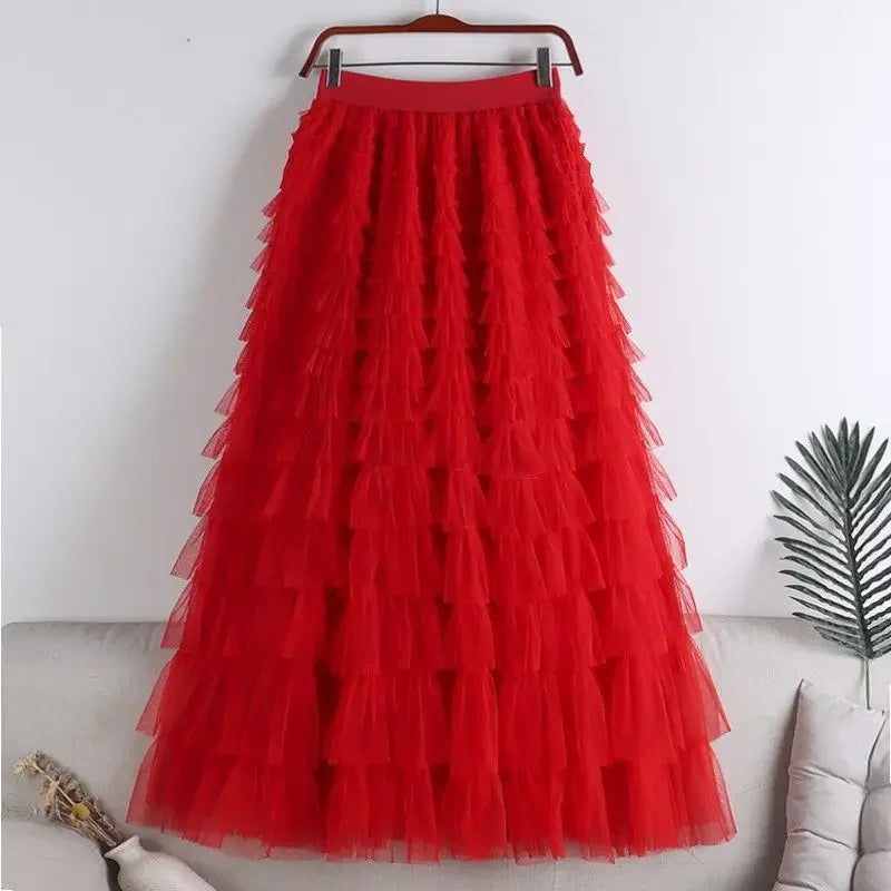 Chamliforve Women Tulle Mesh Skirt Elegant Elastic Waist Fairy Long A-line Tutu Skirt for Spring Summer Long Cake Skirt