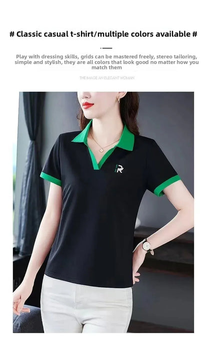 Loose Fit Polo Shirt Short Sleeve Turn-down Collar T-shirt for Middle-aged Mothers Summer New Style Sport Casual Top plus Size.