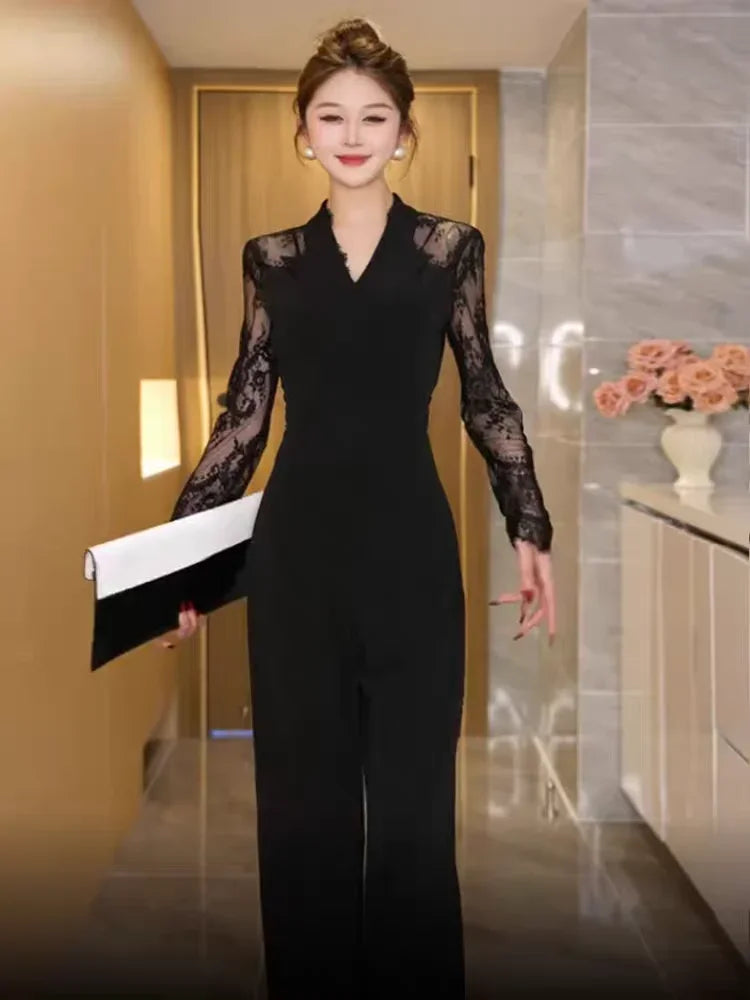 Luxury Elegant Lace Patchwork Black Jumpsuit Women Summer High Waist Long Sleeve Jumpsuits Combinaison Femme Overalls.