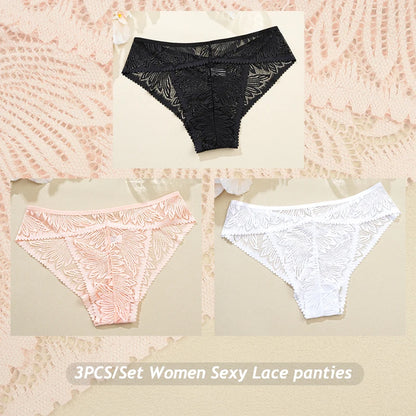 3PCS/Set Women Lace Panties Sexy Low Riase Elastic Brifes Solid Color Perspective Breathable Underwear Ladeis Sexy Lingerie