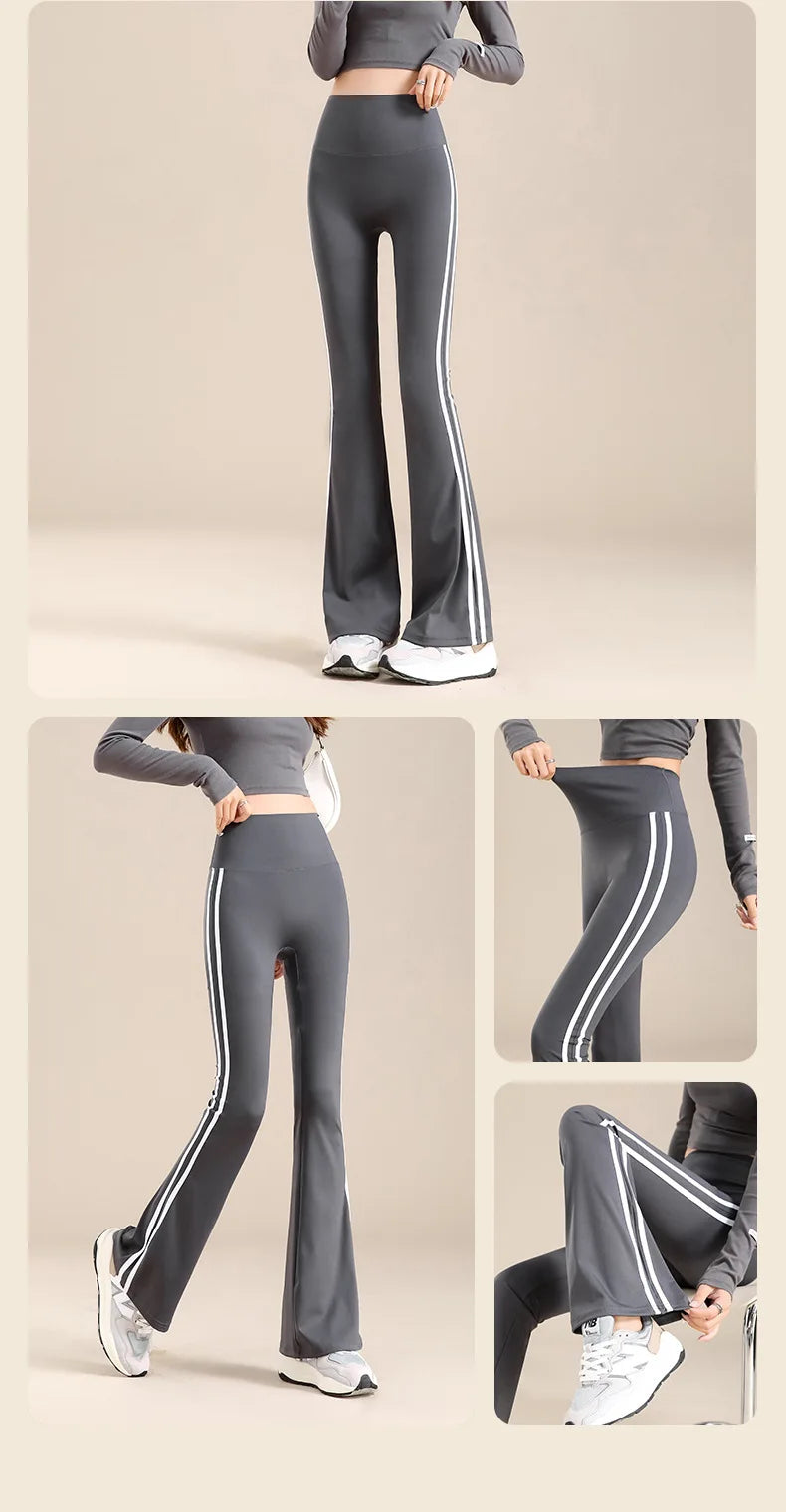 Womens High Waisted Yoga Fitness Leggings American Style Running Butt Lift Stretch Gym Workout Fashion Striped Flared Leggings.