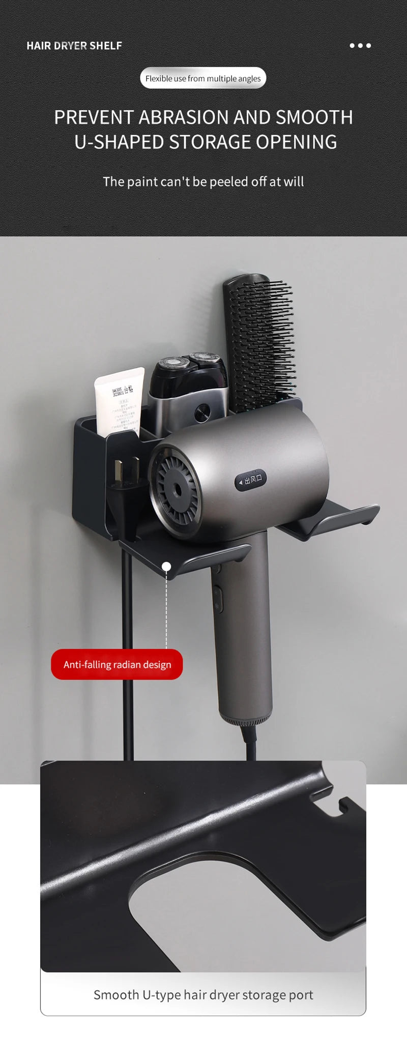 Haartrockner-Halter, Wandmontage, Wandtrockner-Wiege, weiß, schwarz, grau, Haartrockner, Föhn-Organizer für Badezimmer, Badezimmer, Regale