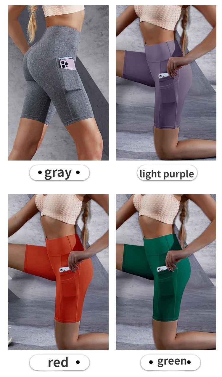 Double Pocket Sports Shorts Women Elastic Slim Shorts Gym Exercise Running High Waist Shorts Summer Yoga Casual Shorts for Women.