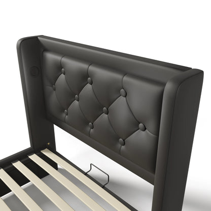 KOMHTOM PU-Material Hydraulisches Stauraumbett, mit USB Typ-C Ladefunktion, 3-seitige LED-Funktion, ohne Matratze