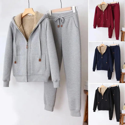 Women's Sweatshirt Pants Suit Autumn and Winter Warm Long-sleeved Fleece Thick Hoodie Coat Jogger Pants Sportswear Two-piece Set.