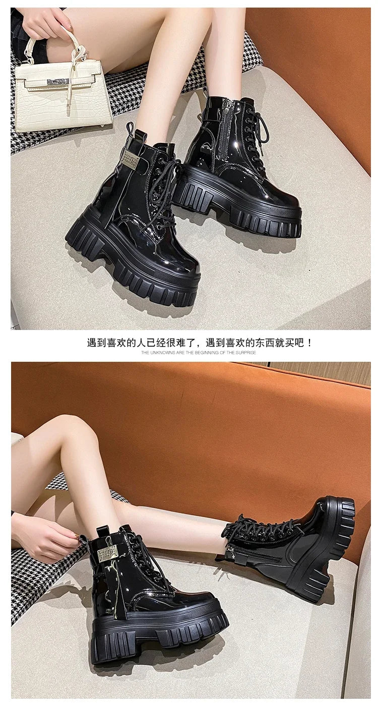 Women's High Platform Motorcycles Boots Winter 10CM Wedge Heels Warm Ankle Boots Chunky Sneakers New Autumn Leather Shoes Woman.