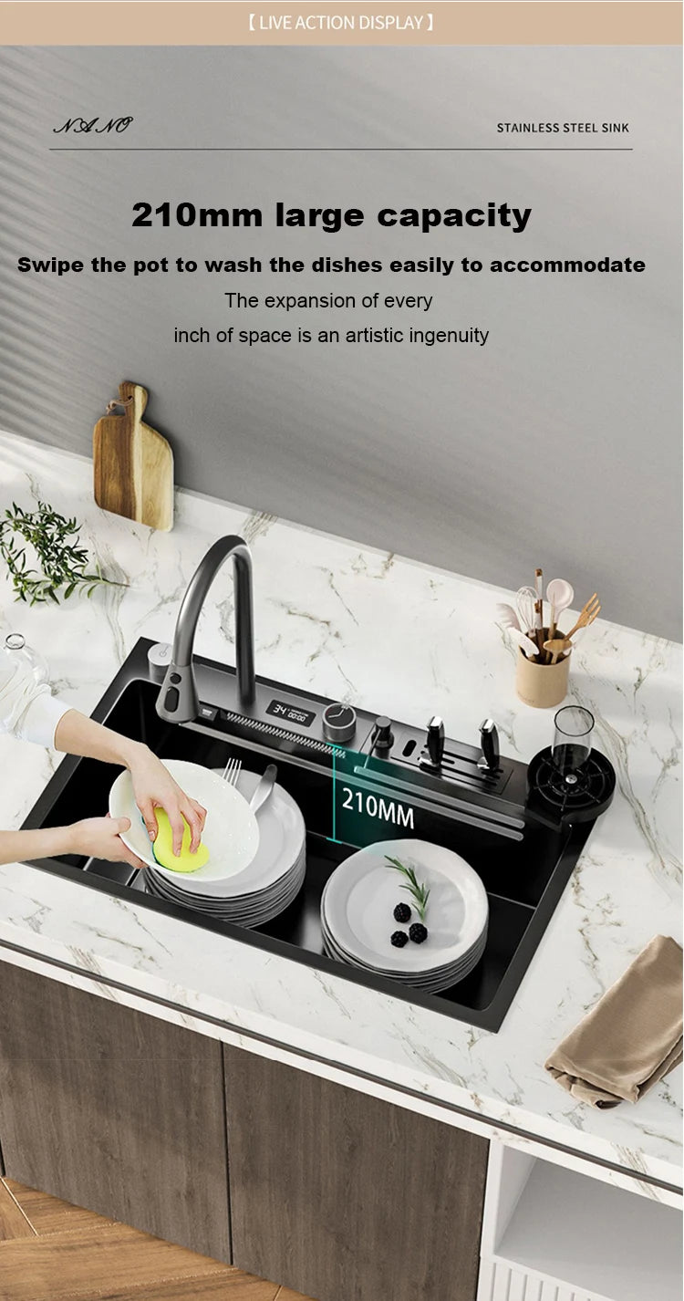 Küchenspüle, Wasserfallspüle aus Edelstahl, Digitalanzeige, große Einzelschüssel mit Multifunktions-Wasserfall-Wasserhahn, Waschbecken