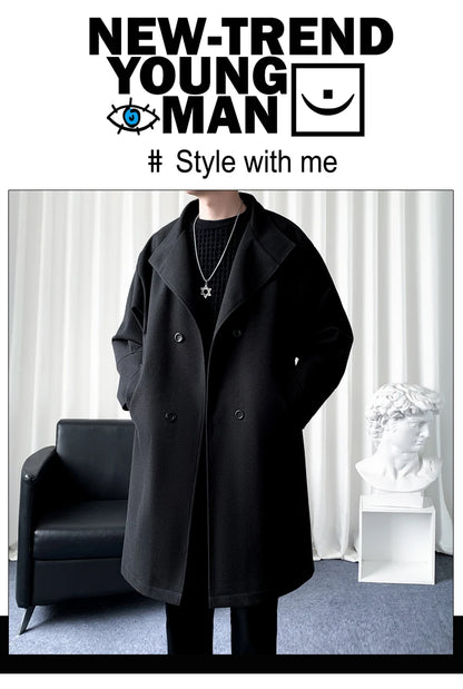 Korean Trend Men's Lapel coat Loose  Casual Double-breasted Overcoat Autumn Winter Fashion New Long Sleeve Woolen Coat.
