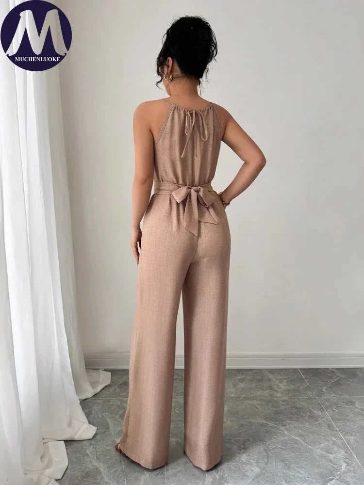 Woman Jumpsuits Elegant Summer Fold Off Shoulder Beads Jumpsuits Fashionable Slim Fit Belt Button High Waist Wide Legs Jumpsuits.