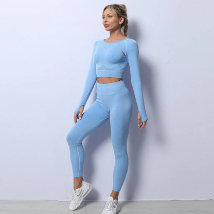 Women Yoga 2 Pieces Workout Outfits Seamless High Waist Leggings Sports Crop Top Running Clothes Sets.