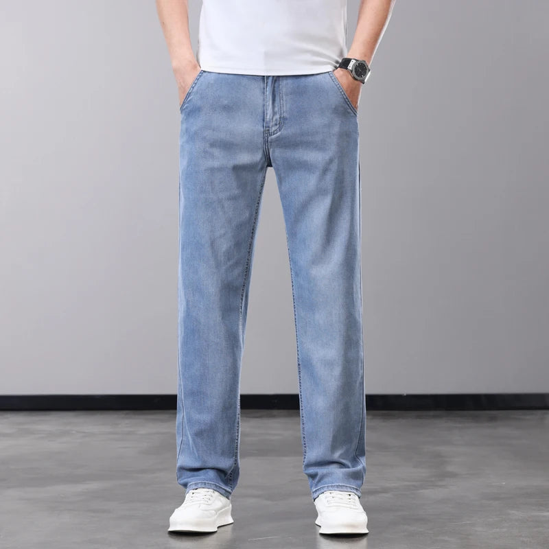 Summer Thin Men's Jeans Lyocell Fabric Soft Breathable Straight Denim Pants Brand Man Elastic Ice Silk Casual Trousers Grey Blue.