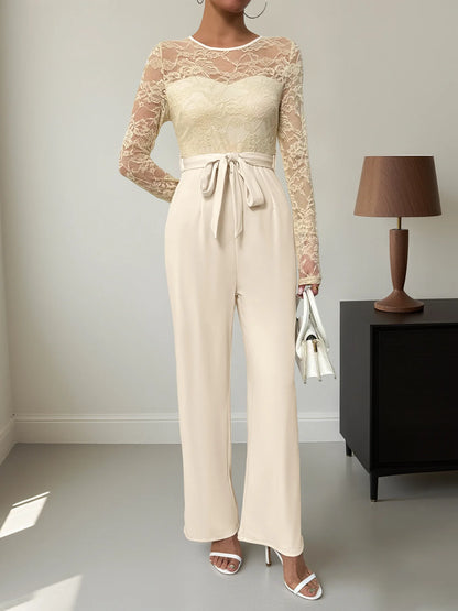 Woman Black Lace Sleeve Jumpsuit Round Neck Belted Waist Ideal for Evening Parties and Cocktail Events