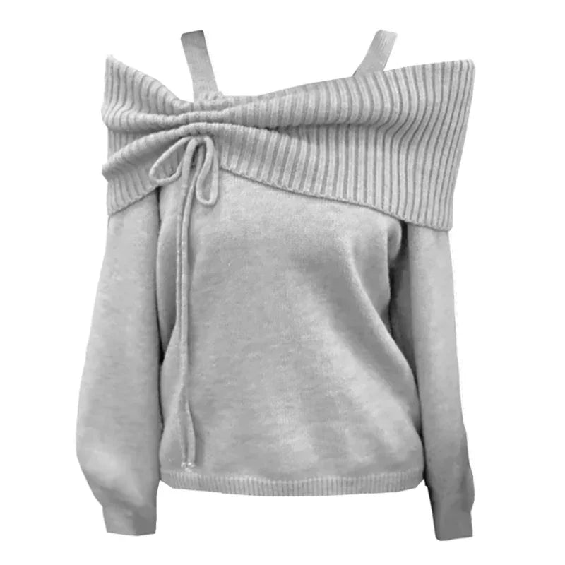 Deeptown Koreanischer Stil Kokette Strickwaren Pullover Damen Sweet Slash Neck Langarm Pullover Herbst Winter 2000er Jahre Grauer Pullover.