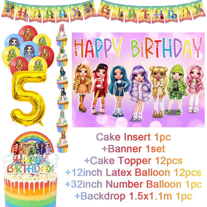 Cartoon Regenbogen Puppe High School Thema Hintergrund Geburtstag Party Dekoration Lieferungen Einweg Tasse Besteck Ballon Baby Geschenk.