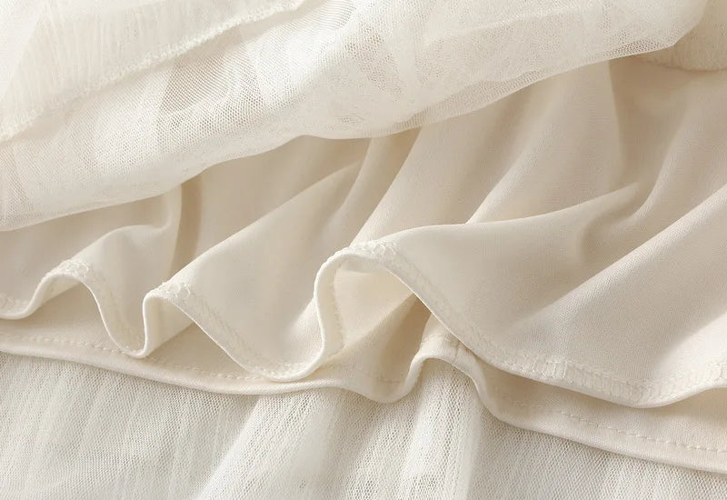 Beiyingni Woman Mesh Long Midi Cake Skirt Solid Color Elegant French Tiered Fairy Tulle Skirts Khaki Casual High Waist Faldas.