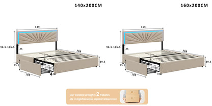 Lazyspace Beige-Leinen-Polsterbett, Doppelbettrahmen, Stauraumbett mit 4 Schubladen und höhenverstellbarem Kopfteil mit RGB-LED