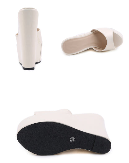 Aneikeh 2025 Fashion Peep Toe Wedges Heel Outside Women Slippers Concise PU Platform Slip On Summer Beach Mules Apricot 35-42.