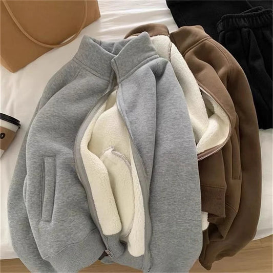 Women Autumn Winter Sweatshirt Coat Zip Up Solid Long Sleeve Stand Neck Jacket Lady Fashion Casual Street Vintage Coats Outwear.