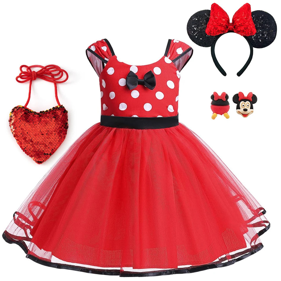 Disney Minnie Maus Polka Dot Kleid Mädchen Rosa Rot Sommer Kleidung Kinder Geburtstag Karneval Weihnachten Party Bogen Mesh Kleid Kostüme.