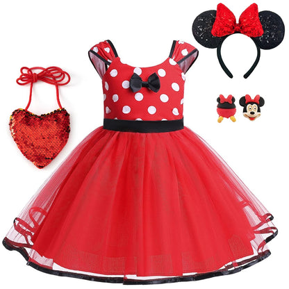 Disney Minnie Maus Polka Dot Kleid Mädchen Rosa Rot Sommer Kleidung Kinder Geburtstag Karneval Weihnachten Party Bogen Mesh Kleid Kostüme.