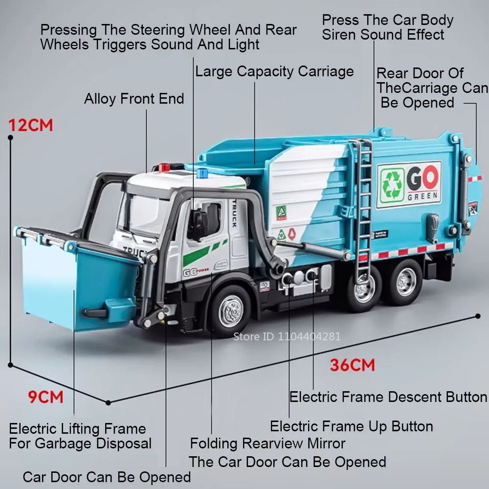 1:18 Electric Sanitation Garbage Truck Toy Cars Model Alloy Water Tanker Diecast Light Sound Vehicle Children's Educational Toys.