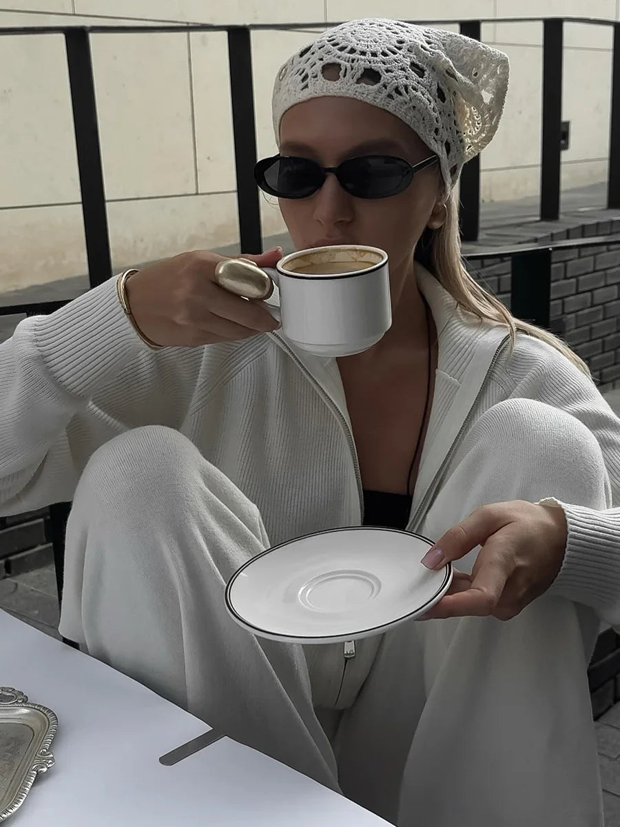 Tornova Zipper Strickjacke Pullover Anzug Weibliche Gestrickte Langarm Casual Mantel Breitbeinig Hosen Pullover frauen Zwei Stück Set