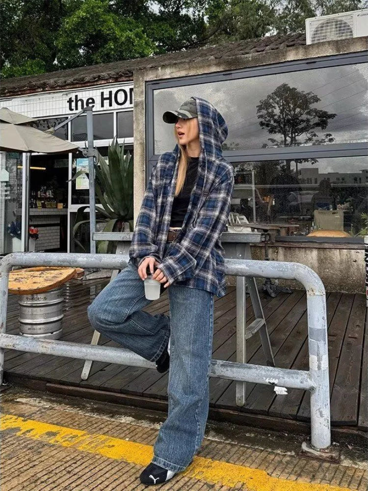 HOUZHOU Vintage Plaid Shirts Women Harajuku Long Sleeve American Style Drawstring Hooded Blouses Loose Casual Streetwear Spring.