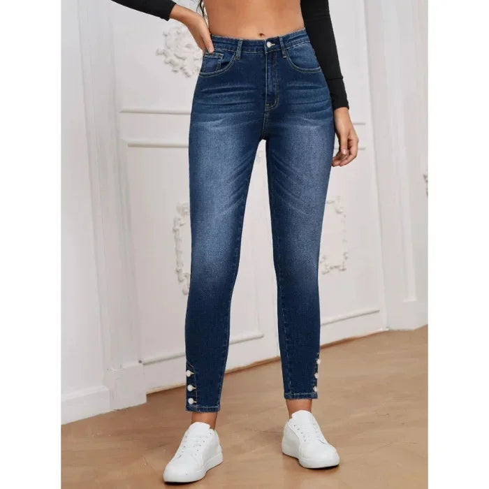 New 2025 Women's Slim Fit Elastic Jeans Nine-Piece Buttoned Bootcut Denim Pants Mid Waist Small Foot/Pencil Jeans.