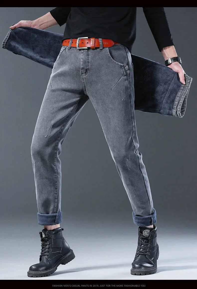 Winter Hot Sale Of The Season Trendy Stretchy Fleece Lined Thick Denim Mid Waist Fashionable Casual Warm Long Pants Men's Jeans.