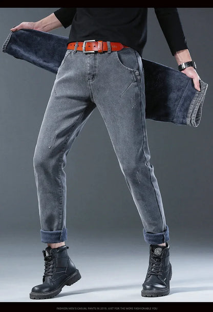 Winter Hot Sale Of The Season Trendy Stretchy Fleece Lined Thick Denim Mid Waist Fashionable Casual Warm Long Pants Men's Jeans.