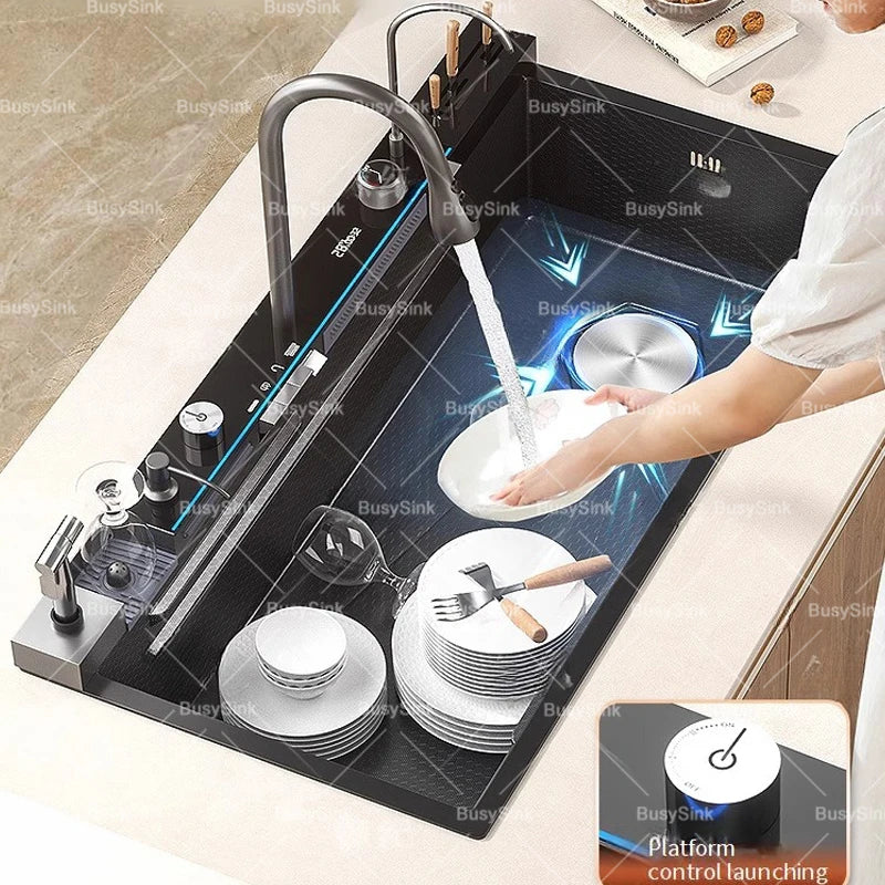 Wasserfall-Küchenspüle aus Edelstahl mit Digitalanzeige, extra große Einzelschüssel, multifunktionales Gemüsewaschbecken für den Haushalt