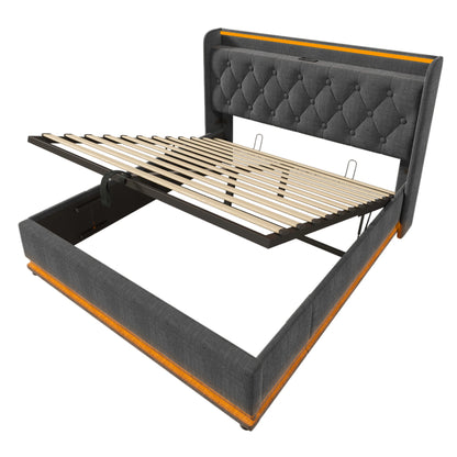 KOMHTOM Hydraulisches Lagerbett, Leinen, 360-Surround-LED-Funktion, mit USB Typ-C Ladefunktion, ohne Matratze