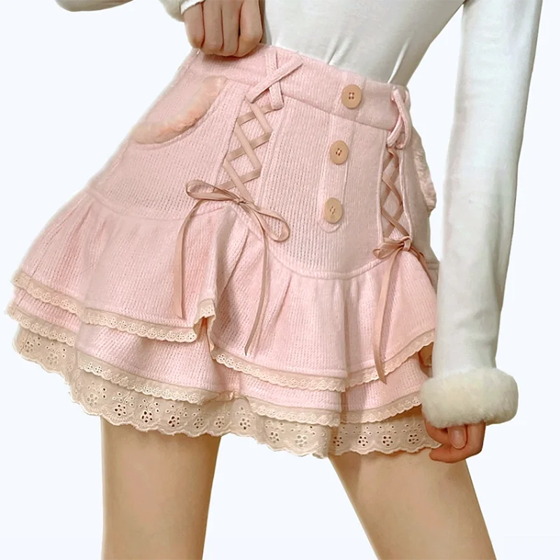 Japanese lolita kawaii clothes pink mini skirt with shorts Lace High Waist korean style women 2025 new fall White skirt fluffy.
