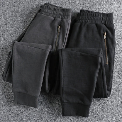 Autumn Winter American Retro Thick Sweatpants With Velvet Men's Pure Cotton Washed Heavyweight Knitted Sports Ankle-tied Pants.