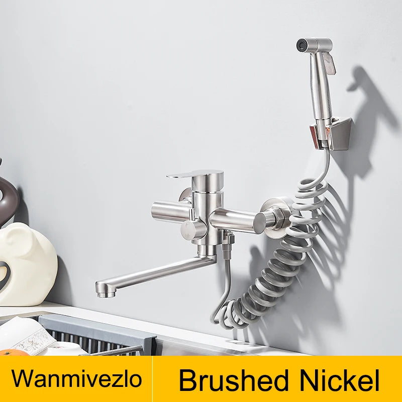 Kitchen Faucets Stainless Steel Wall Mounted Dual Hole Bathroom 360 Rotate Basin Faucet Cold Hot Water Mixer Taps With spray gun