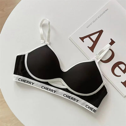 Summer Striped Lettering Light Face Gathered Anti-sagging Casual Black Bra No Scar Underwear Women No Steel Ring Bra.