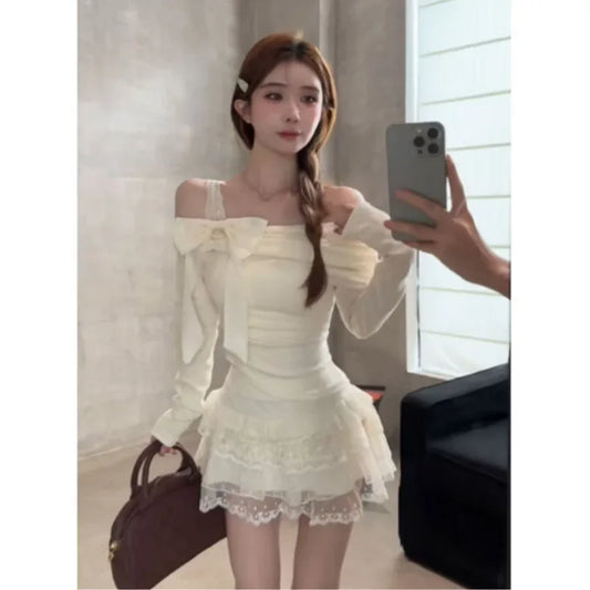 Morning Collar French Style One Shoulder Butterfly Knot Long Sleeve T-Shirt Women's Autumn Winter Slim Fit Inner Wear Top.