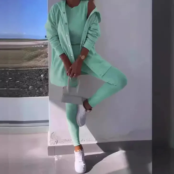 Women 3pcs Clothes Set Solid Color Sports Singel Breasted Shirt Jacket & Sleeveless Cami Tank Top & Slim Skinny Pants.