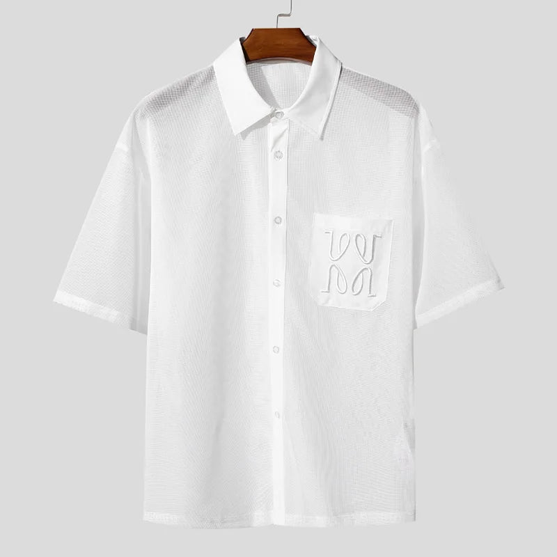 INCERUN Men Sets Mesh Patchwork See Through Sexy Short Sleeve Shirts & Pants Two Pieces Sets Streetwear 2025 Men's Casual Suits