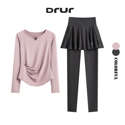DRUR Autumn Yoga Set 2 Piece Sportswear Outfit Women Long Sleeve Workout Top High Waist Leggings Suit Tennis Sets 2pcs Tracksuit.