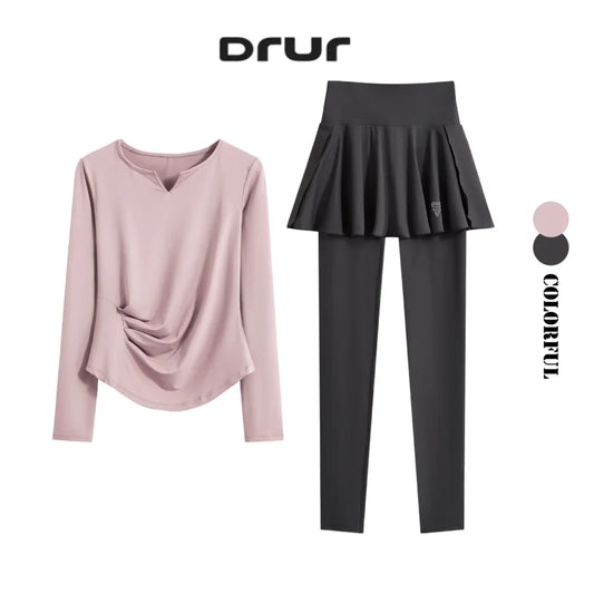DRUR Autumn Yoga Set 2 Piece Sportswear Outfit Women Long Sleeve Workout Top High Waist Leggings Suit Tennis Sets 2pcs Tracksuit.