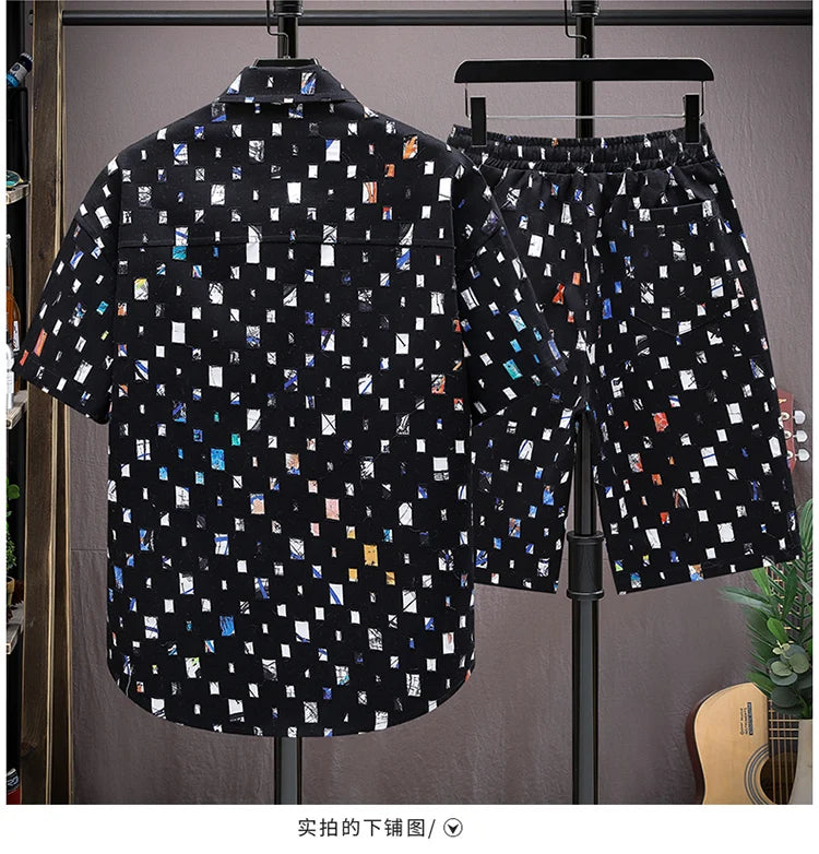 Men Summer 2 Pieces Set Tracksuit Men's Shirt Shorts Harajuku Streetwear Oversized Men Sets Short Outfits Suits.
