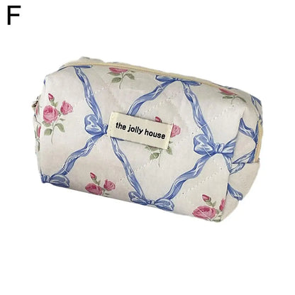 Cute Bow Flower Quilting Makeup Bag Women Zipper Cosmetic Organizer Female Cloth Handbag Portable Toiletry Case For Girls