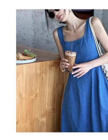 Blue Mist Love Französisches Jeanskleid für Damen, Sommer, einzigartiges Design, Taille, Cinching-Riemen, langes Kleid, elegante blaue Polyesterfaser