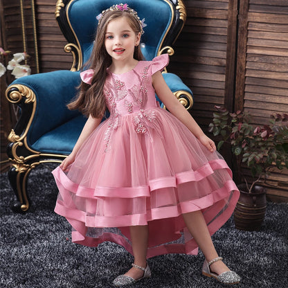 Rosa Mädchen bestickt Perlen Prinzessin Kleid für 3 bis 12 Jahre Mädchen Schwanz Party Kleid Kind Schule Performance-Kostüme.