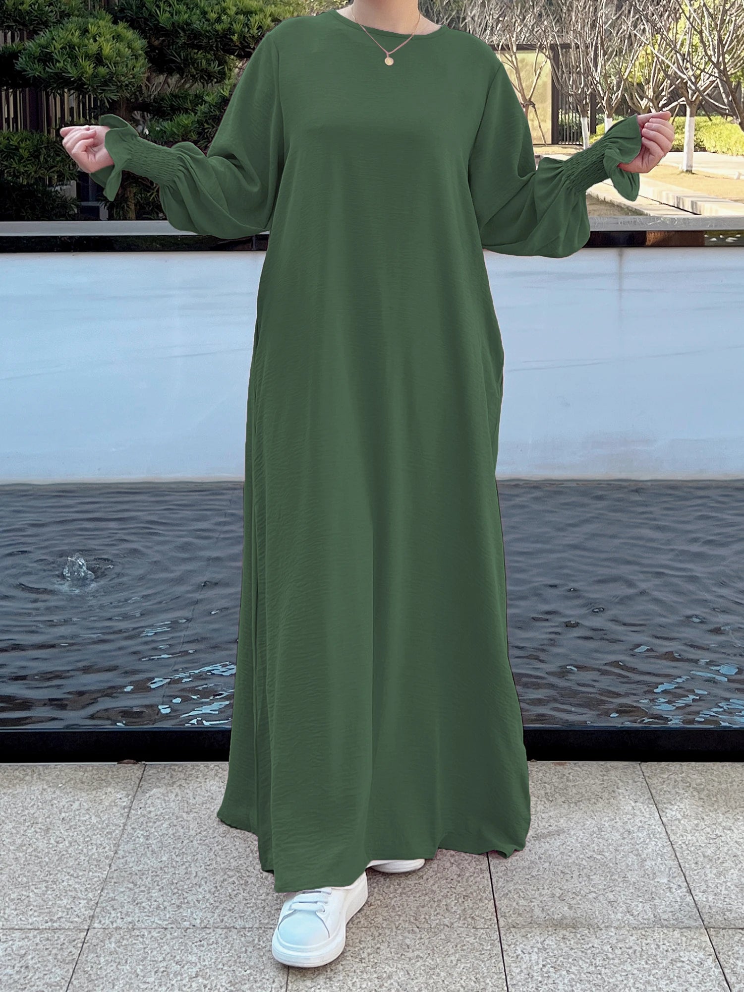 Ramadan Solid Crew Neck Shirred Cuff Abaya, Elegant Long Sleeve Simple Maxi Dress, Women's Clothing Kebaya Kaftan.