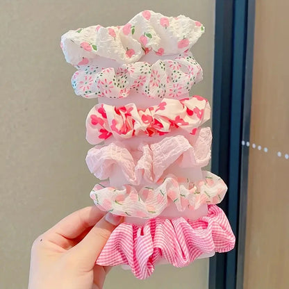 6pcs/set women's sweet pink peach blossom check large intestine hair ring,fashionable and versatile hair accessory.
